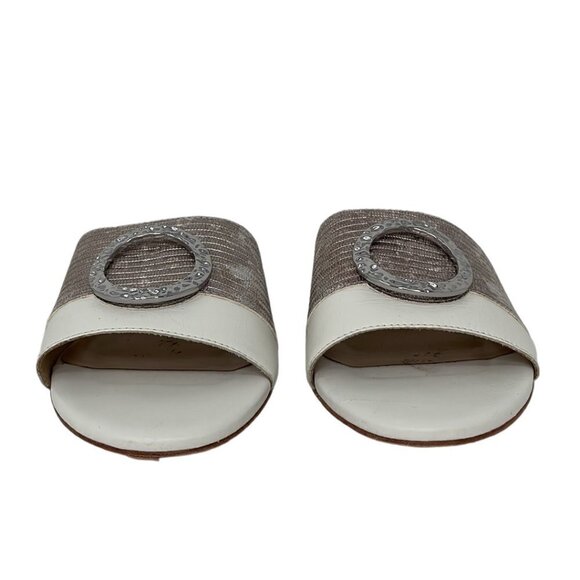 Joan Oloff Sandals Flats White Leather Silver Buckle Size 6.5 - Picture 3 of 13